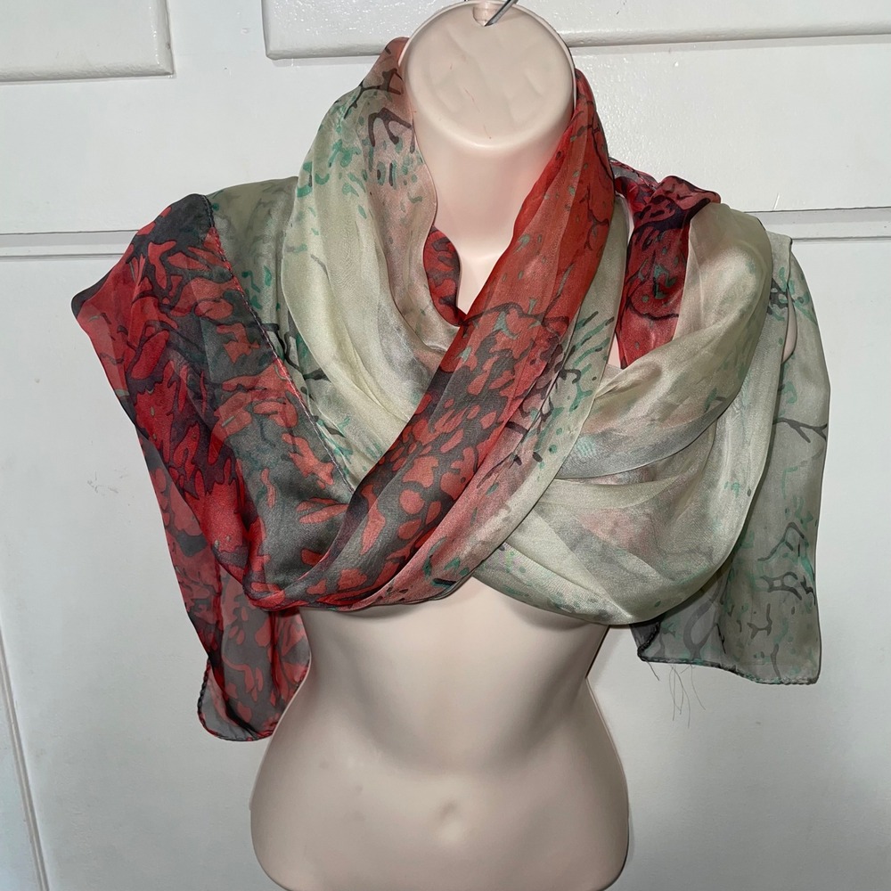 Sophie Ramage Italy Silk Blend Scarf Red Grey Teal Abstract Floral Branch Print
